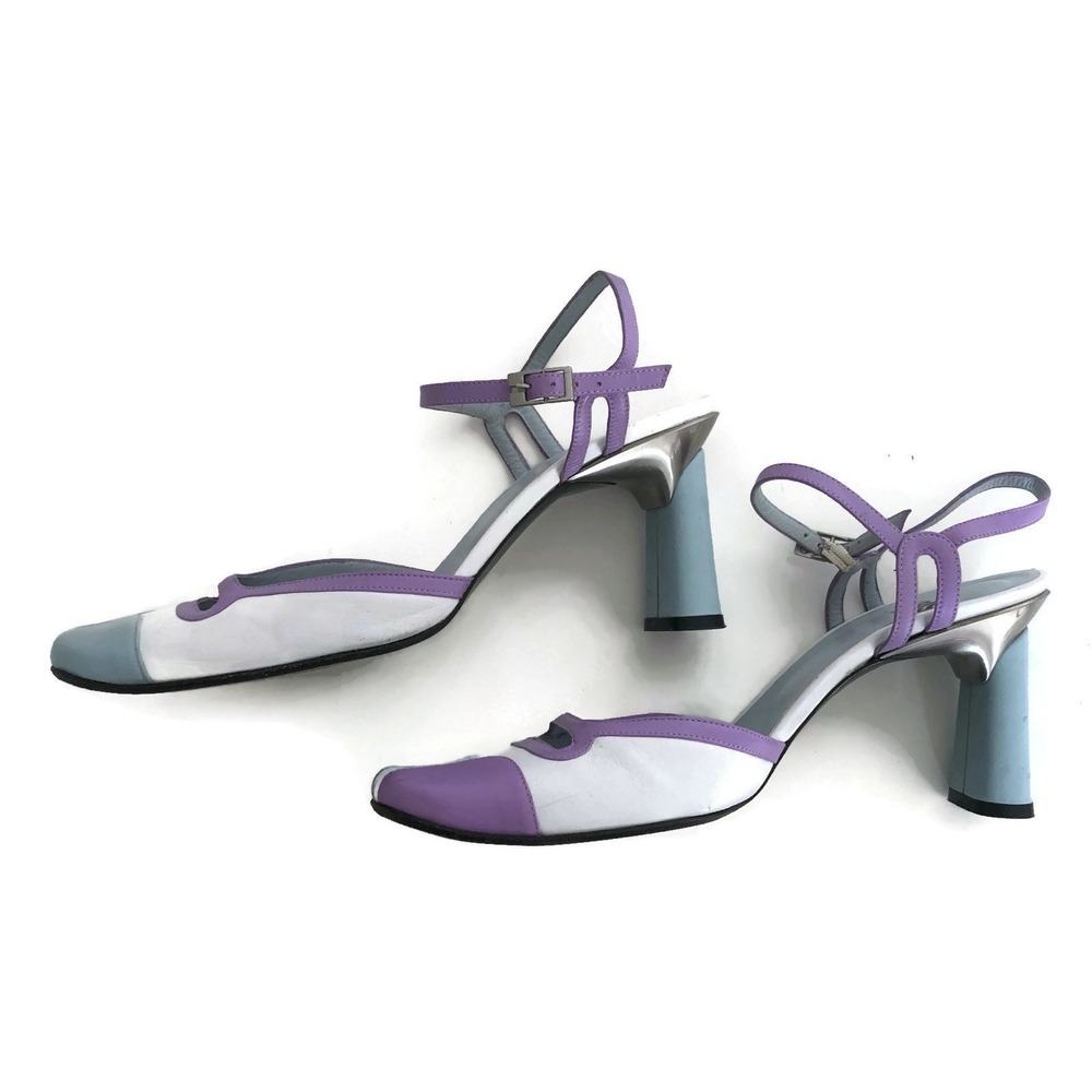 Charles Jourdan CJ Bis Sandals Women 9 White Purple Blue Good 90s Space Age Heel